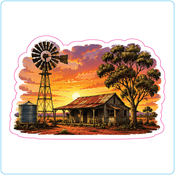 Australian Outback Windmill Homestead Sunset Vinyl Sticker - #1007