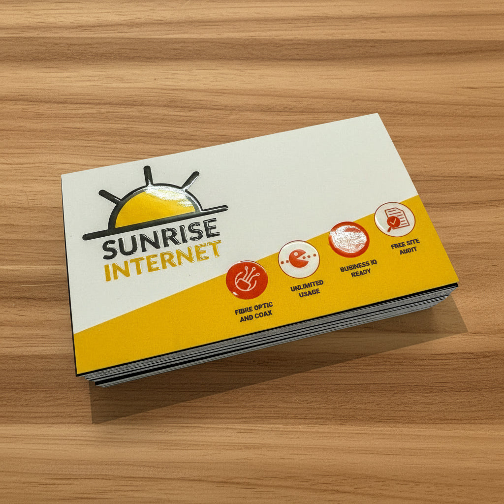 Sunrise Internet business cards on a timber surface
