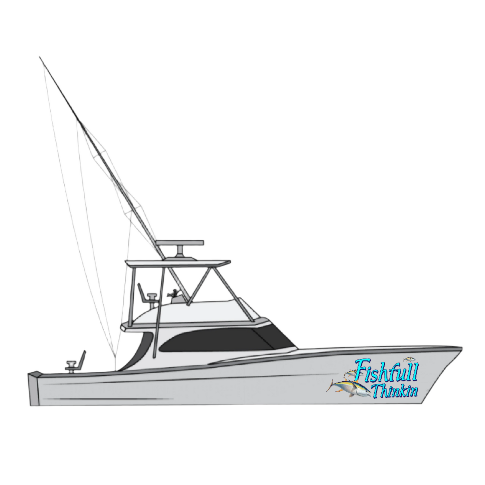 Illustration of a boat named 'Fishful Thinking' with a simple design, predominantly white and gray with black accents and a graphic of a fish.